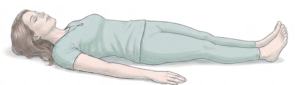 A figure lying down, relaxed, used to show where attention moves during the body scan